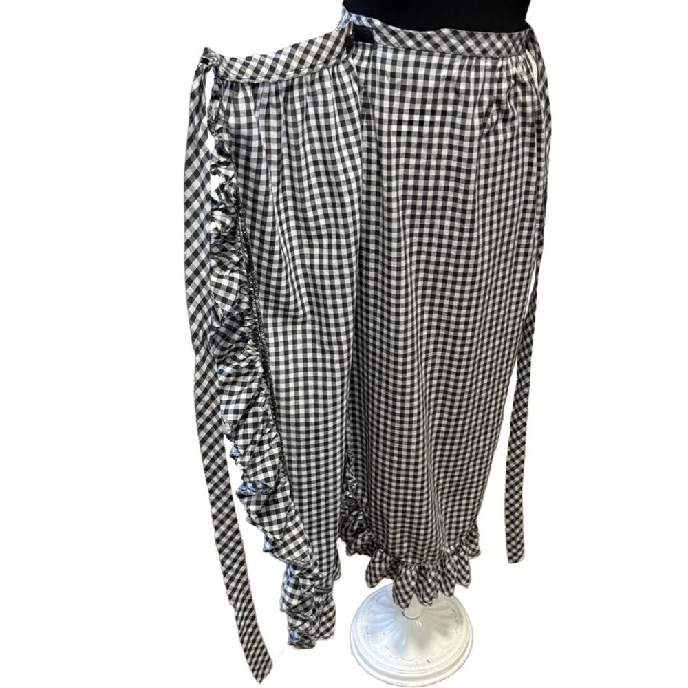 Vintage 60s MARY QUANT Penneys Maxi Wrap Skirt Gingham Ruffle Prairie Black Sz S - Picture 2 of 15